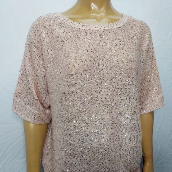 NWT Emaline Pink Pullover Sequin Short‎ Sleeve Sweater Blouse Size XL - Picture 5 of 16